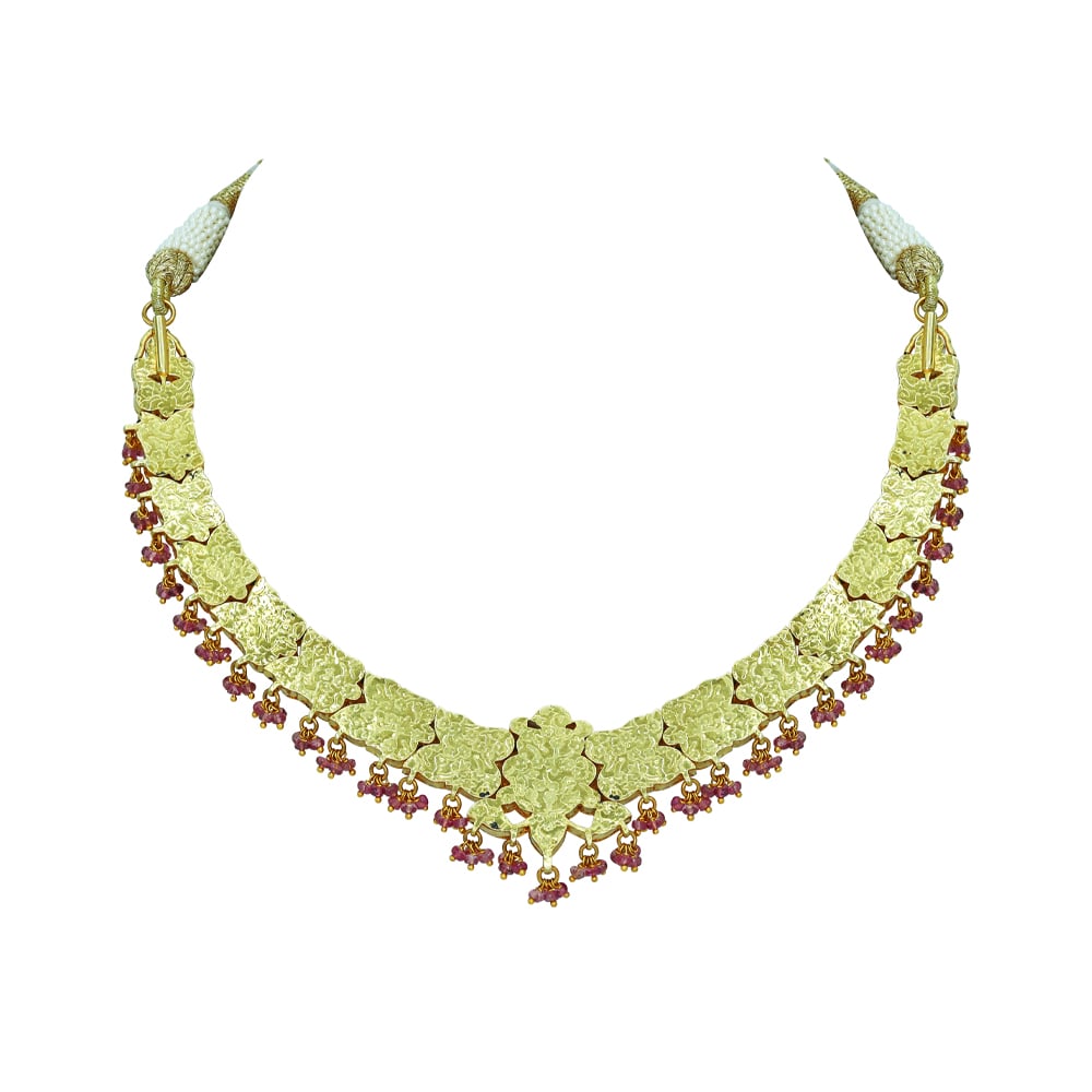 Floral Polki Necklace with Tourmaline Beads and Ruby Accents